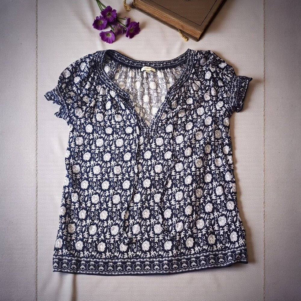 Max Studio Navy White Floral Boho Blouse – Smocked Peasant Top Size S